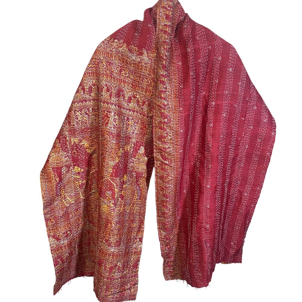 Windhorse 100% Silk Reversible Kantha Scarf Red Orange Scenery Leaves